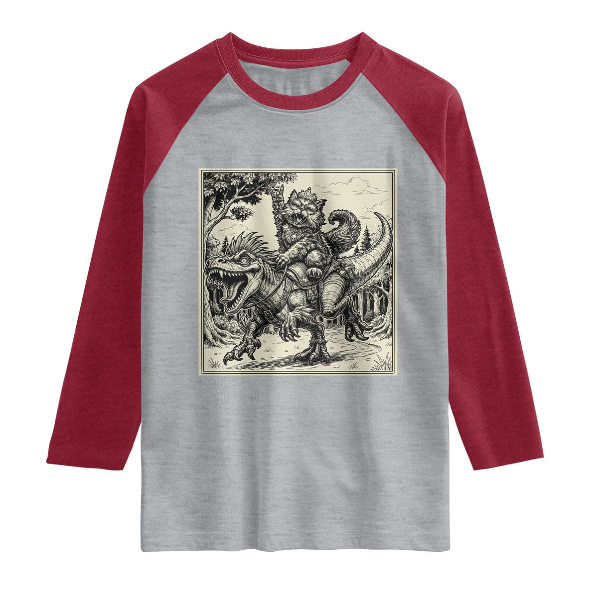 Cool Royal Cat Riding Dinosaur Raglan Shirt Rock N Roll Engraving Graphic Art