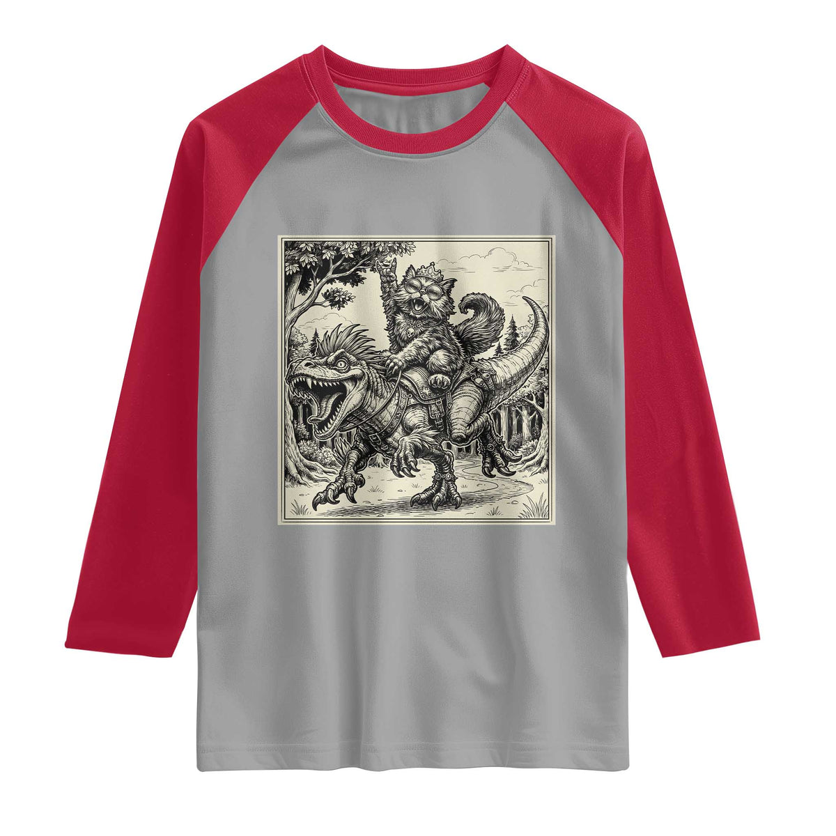 Cool Royal Cat Riding Dinosaur Raglan Shirt Rock N Roll Engraving Graphic Art