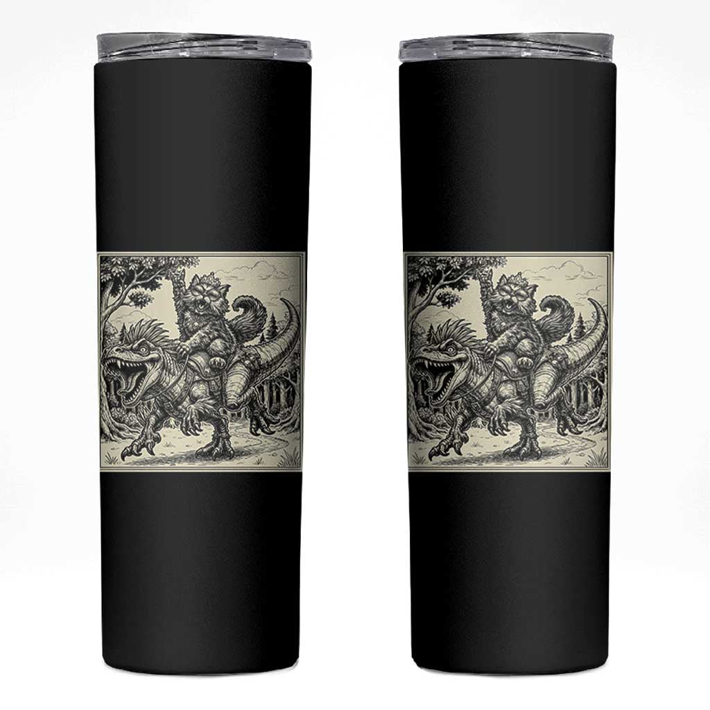 Cool Royal Cat Riding Dinosaur Skinny Tumbler Rock N Roll Engraving Graphic Art