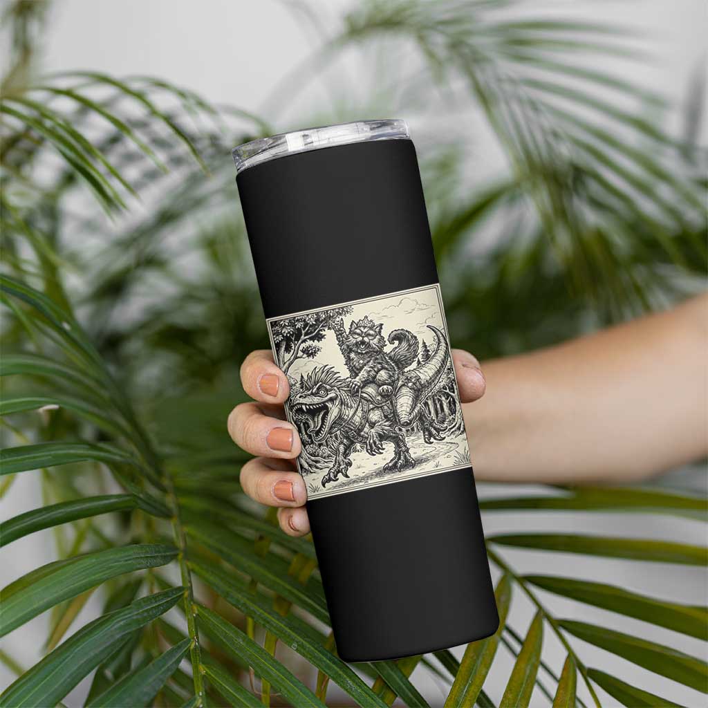 Cool Royal Cat Riding Dinosaur Skinny Tumbler Rock N Roll Engraving Graphic Art