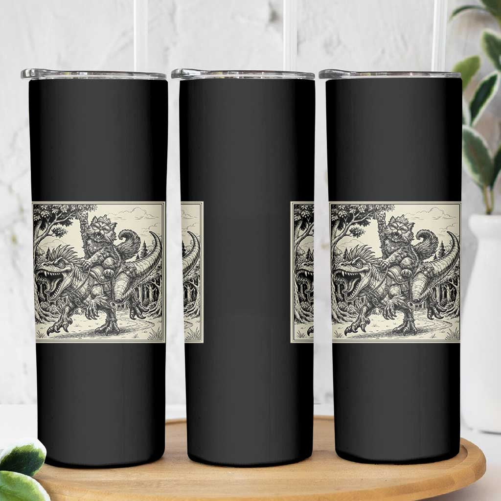 Cool Royal Cat Riding Dinosaur Skinny Tumbler Rock N Roll Engraving Graphic Art