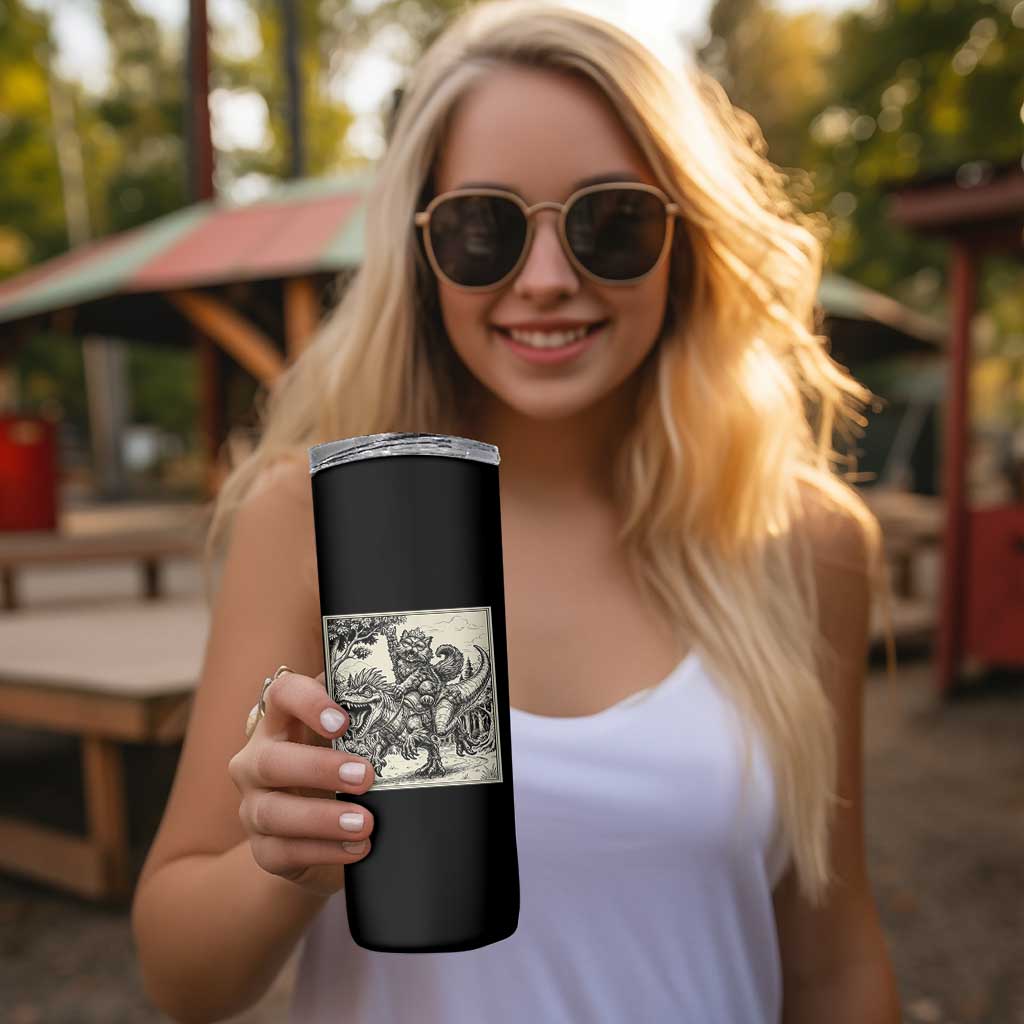 Cool Royal Cat Riding Dinosaur Skinny Tumbler Rock N Roll Engraving Graphic Art