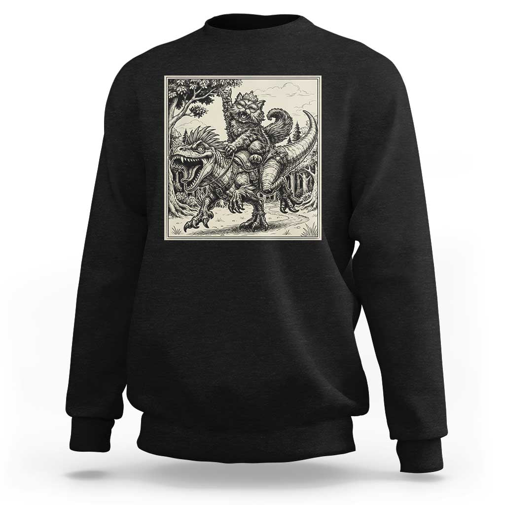 Cool Royal Cat Riding Dinosaur Sweatshirt Rock N Roll Engraving Graphic Art