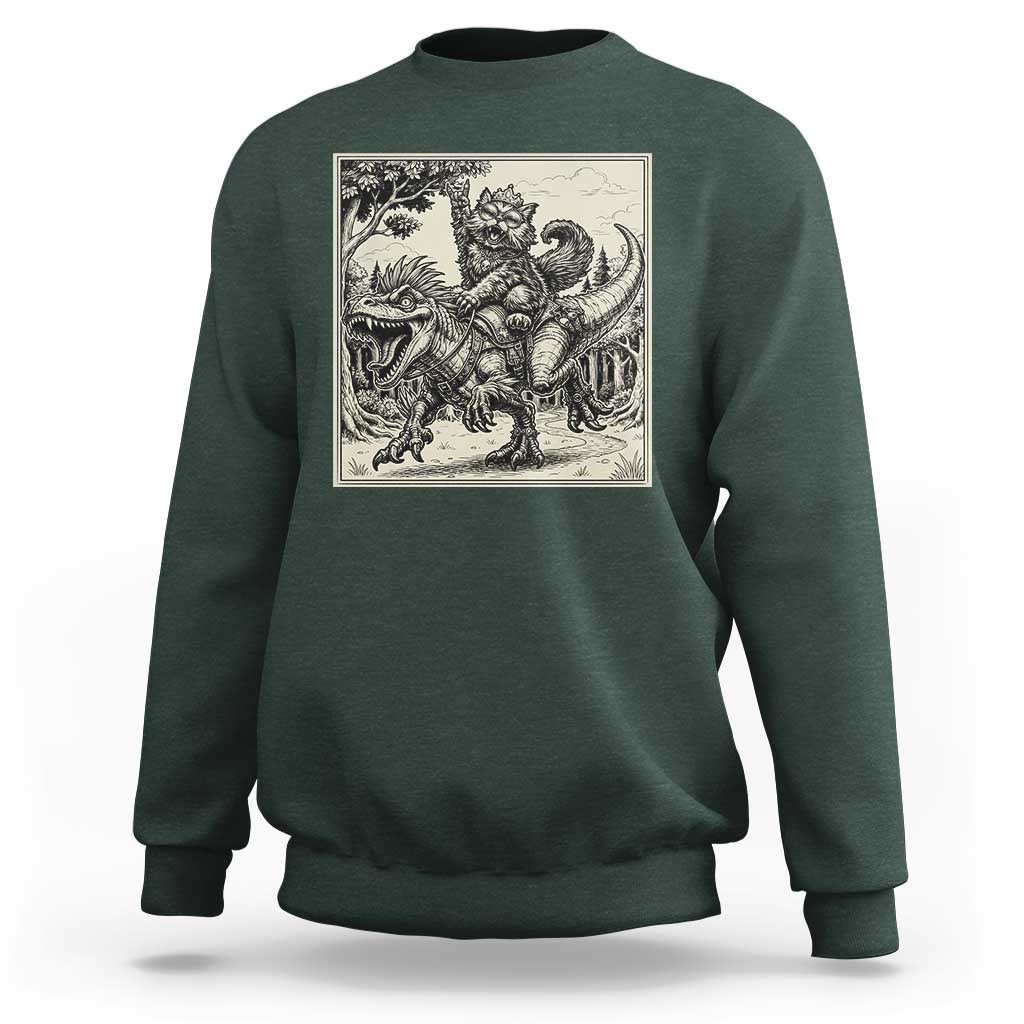 Cool Royal Cat Riding Dinosaur Sweatshirt Rock N Roll Engraving Graphic Art