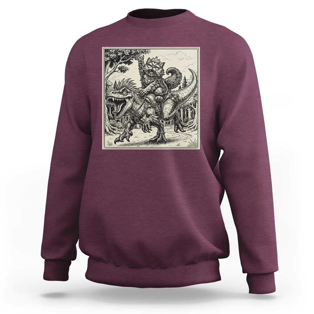 Cool Royal Cat Riding Dinosaur Sweatshirt Rock N Roll Engraving Graphic Art