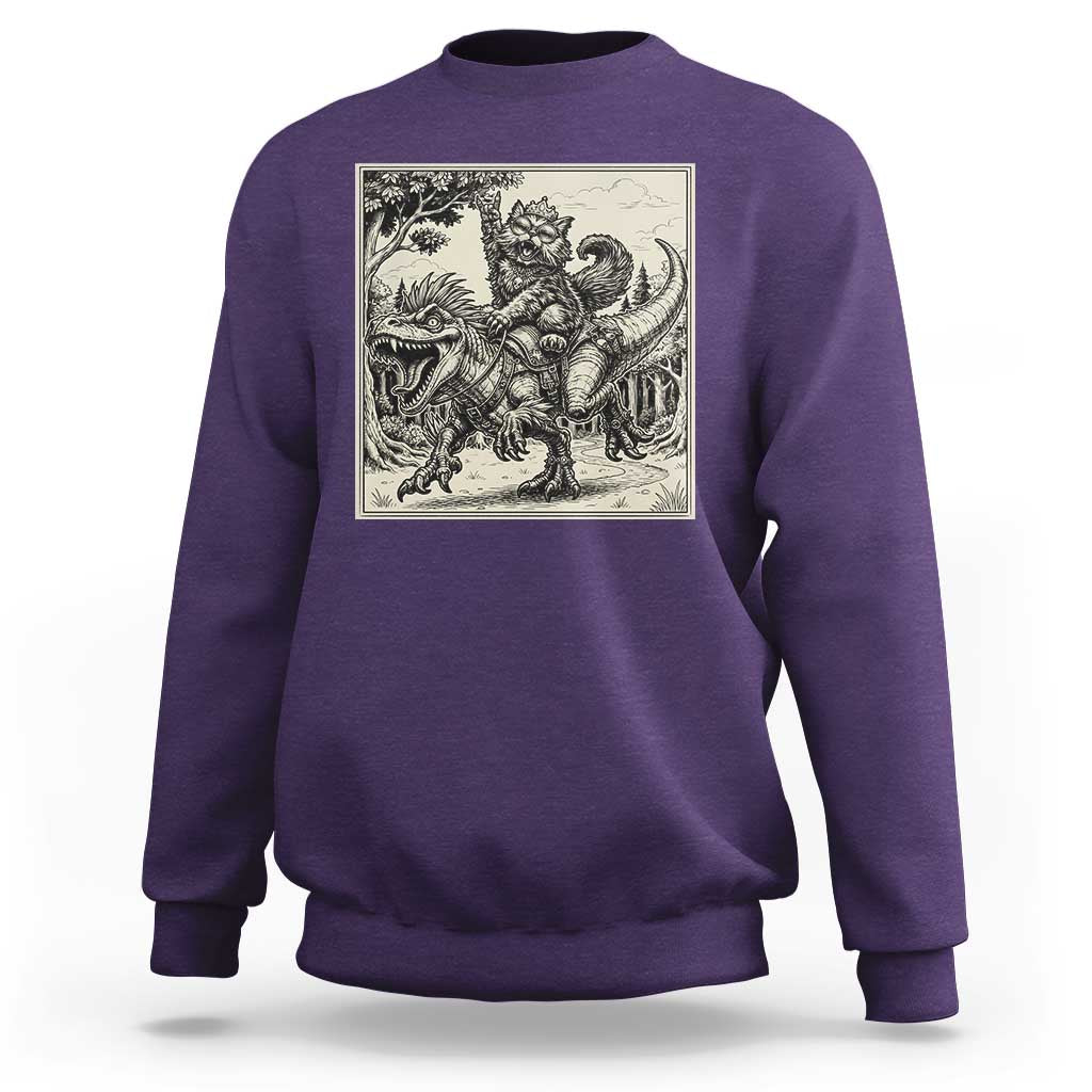 Cool Royal Cat Riding Dinosaur Sweatshirt Rock N Roll Engraving Graphic Art