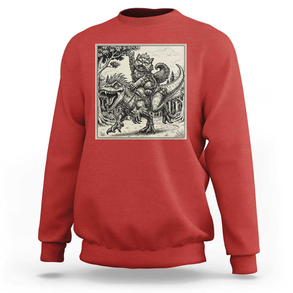 Cool Royal Cat Riding Dinosaur Sweatshirt Rock N Roll Engraving Graphic Art