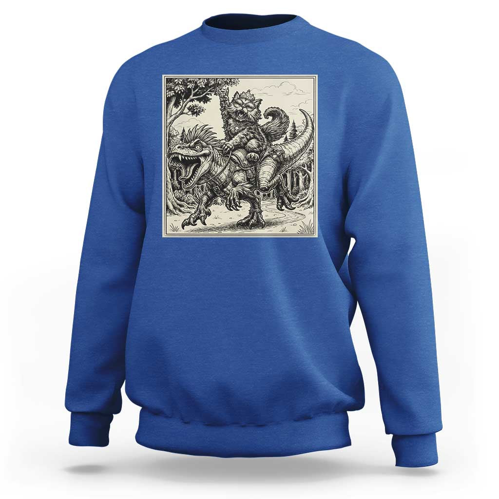 Cool Royal Cat Riding Dinosaur Sweatshirt Rock N Roll Engraving Graphic Art