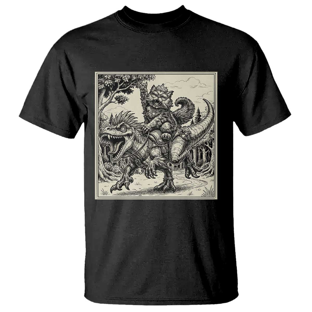 Cool Royal Cat Riding Dinosaur T Shirt Rock N Roll Engraving Graphic Art