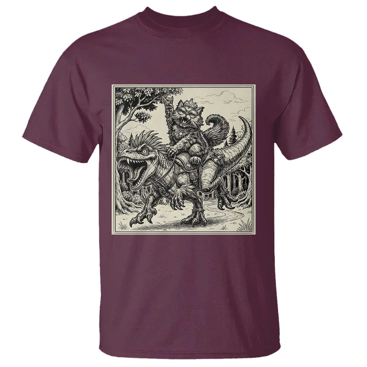 Cool Royal Cat Riding Dinosaur T Shirt Rock N Roll Engraving Graphic Art