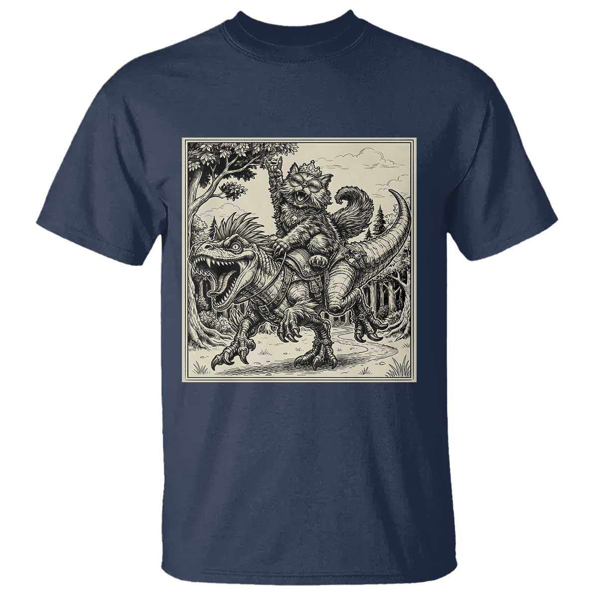 Cool Royal Cat Riding Dinosaur T Shirt Rock N Roll Engraving Graphic Art