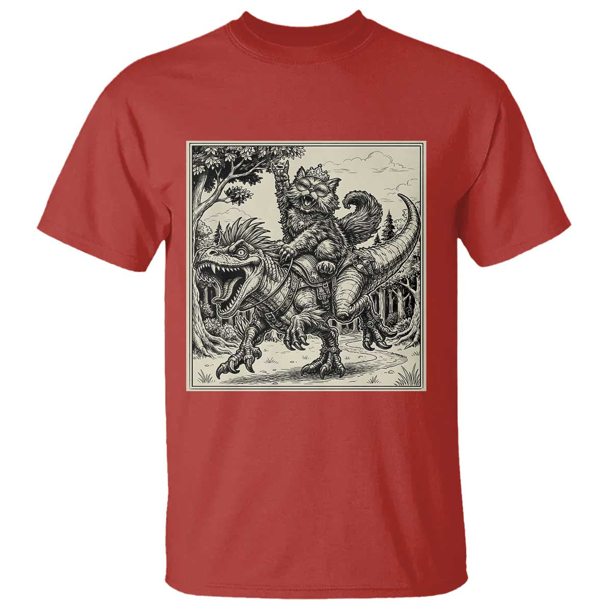 Cool Royal Cat Riding Dinosaur T Shirt Rock N Roll Engraving Graphic Art