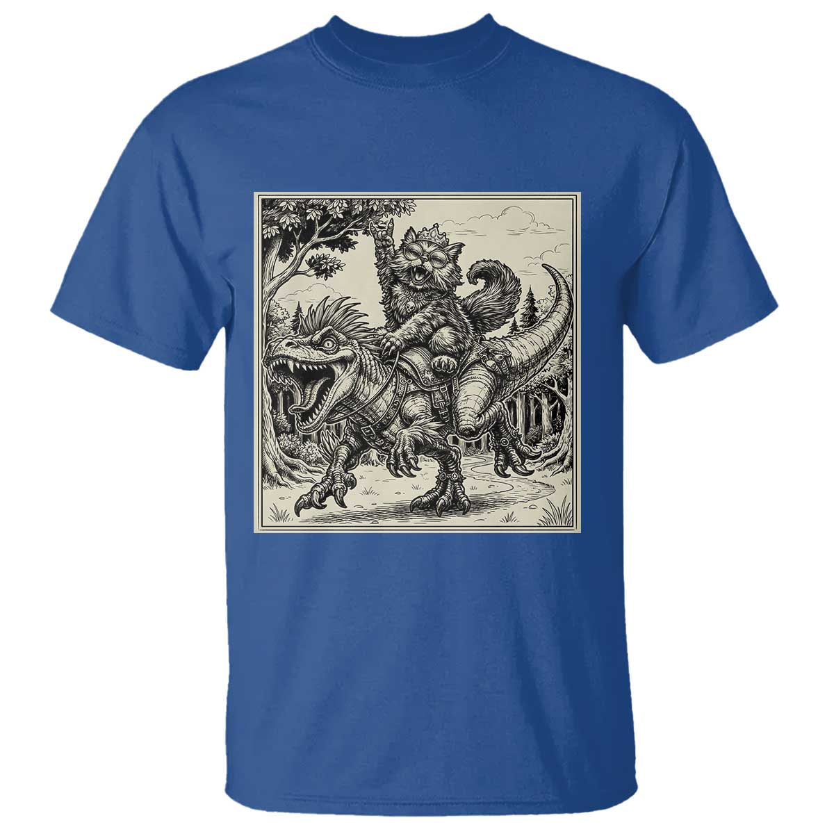 Cool Royal Cat Riding Dinosaur T Shirt Rock N Roll Engraving Graphic Art
