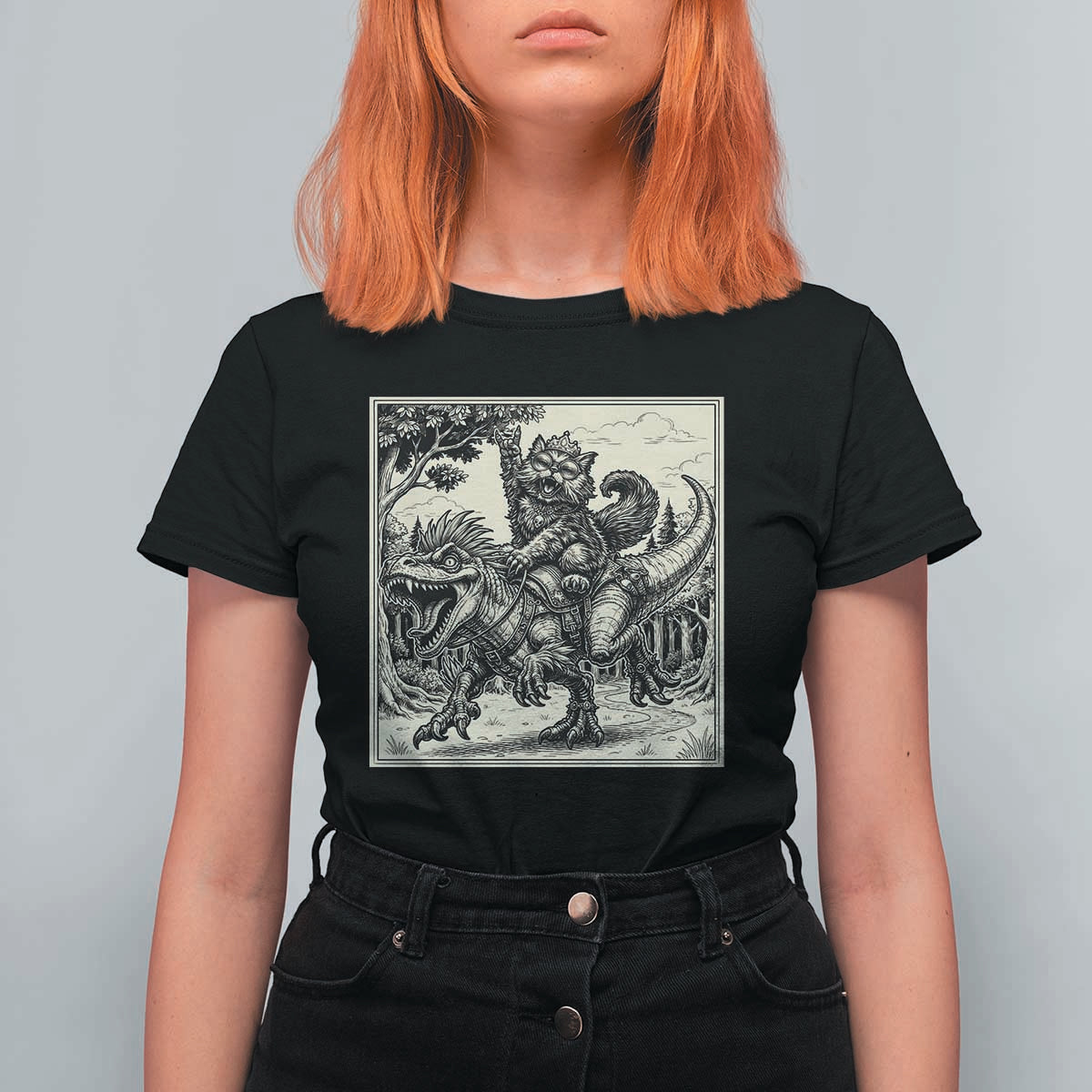 Cool Royal Cat Riding Dinosaur T Shirt For Women Rock N Roll Engraving Graphic Art