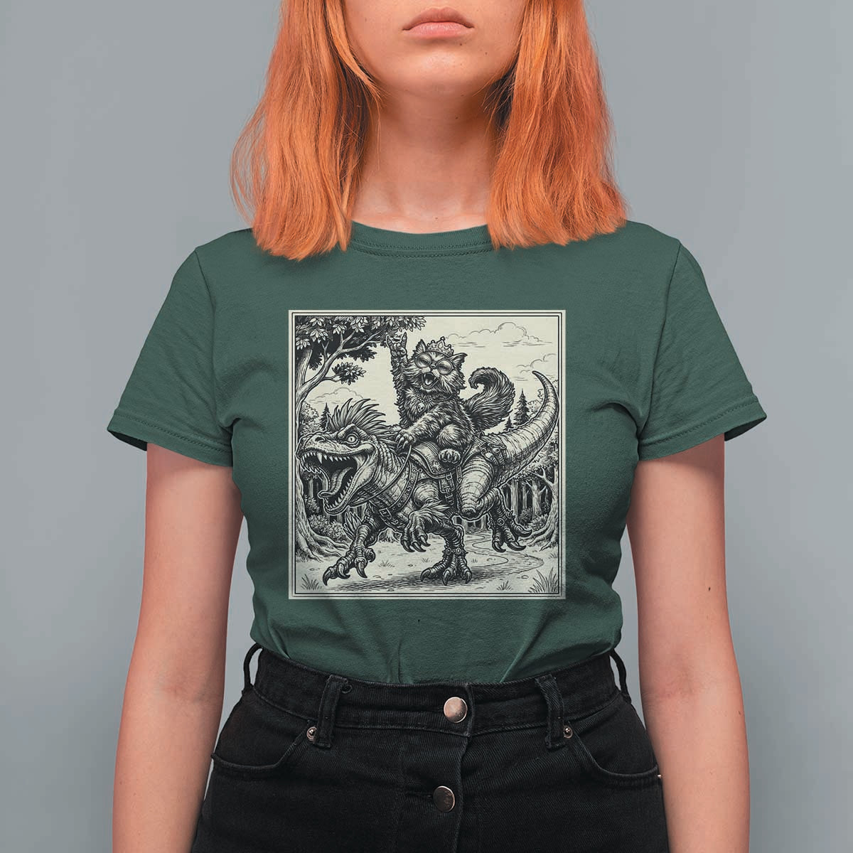 Cool Royal Cat Riding Dinosaur T Shirt For Women Rock N Roll Engraving Graphic Art