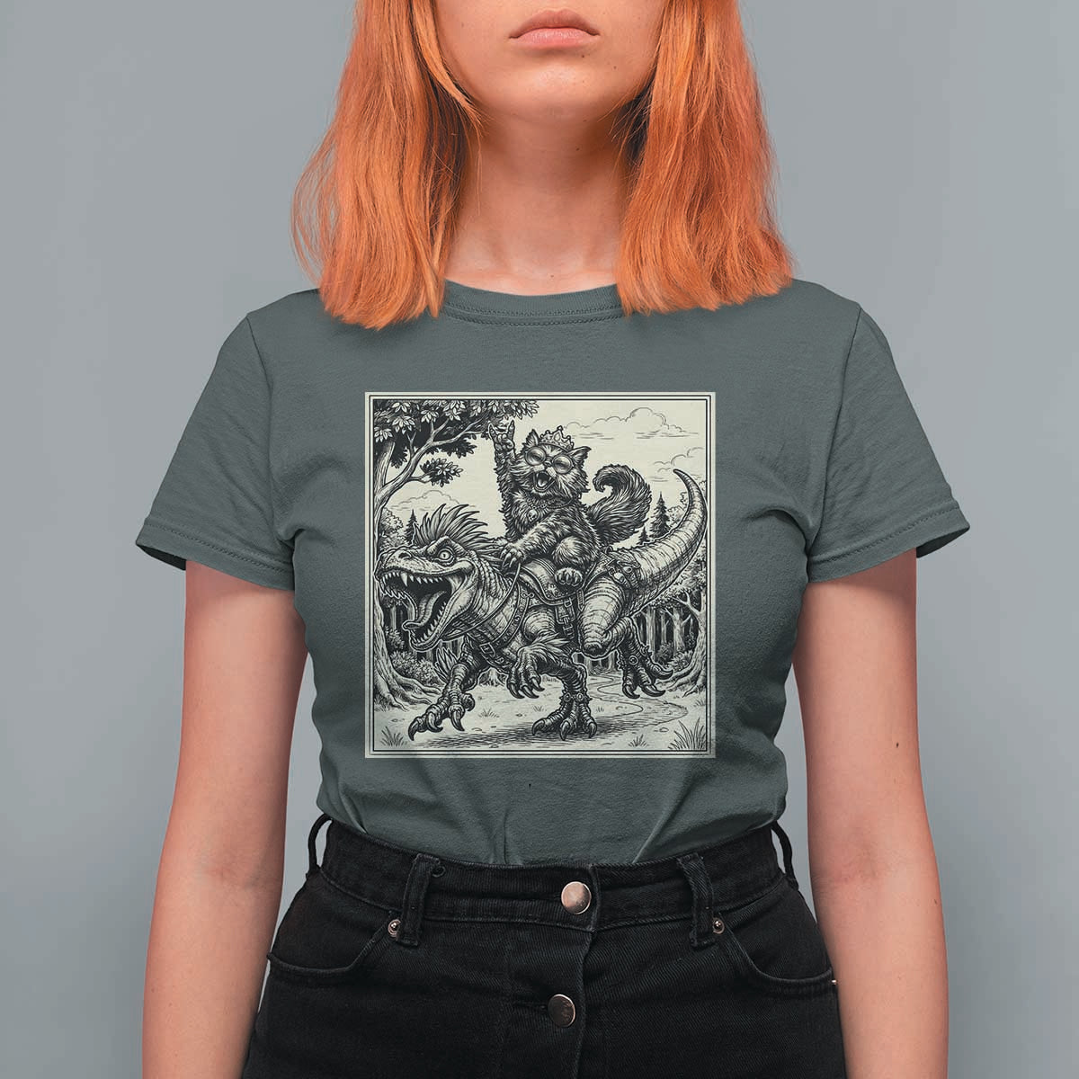 Cool Royal Cat Riding Dinosaur T Shirt For Women Rock N Roll Engraving Graphic Art