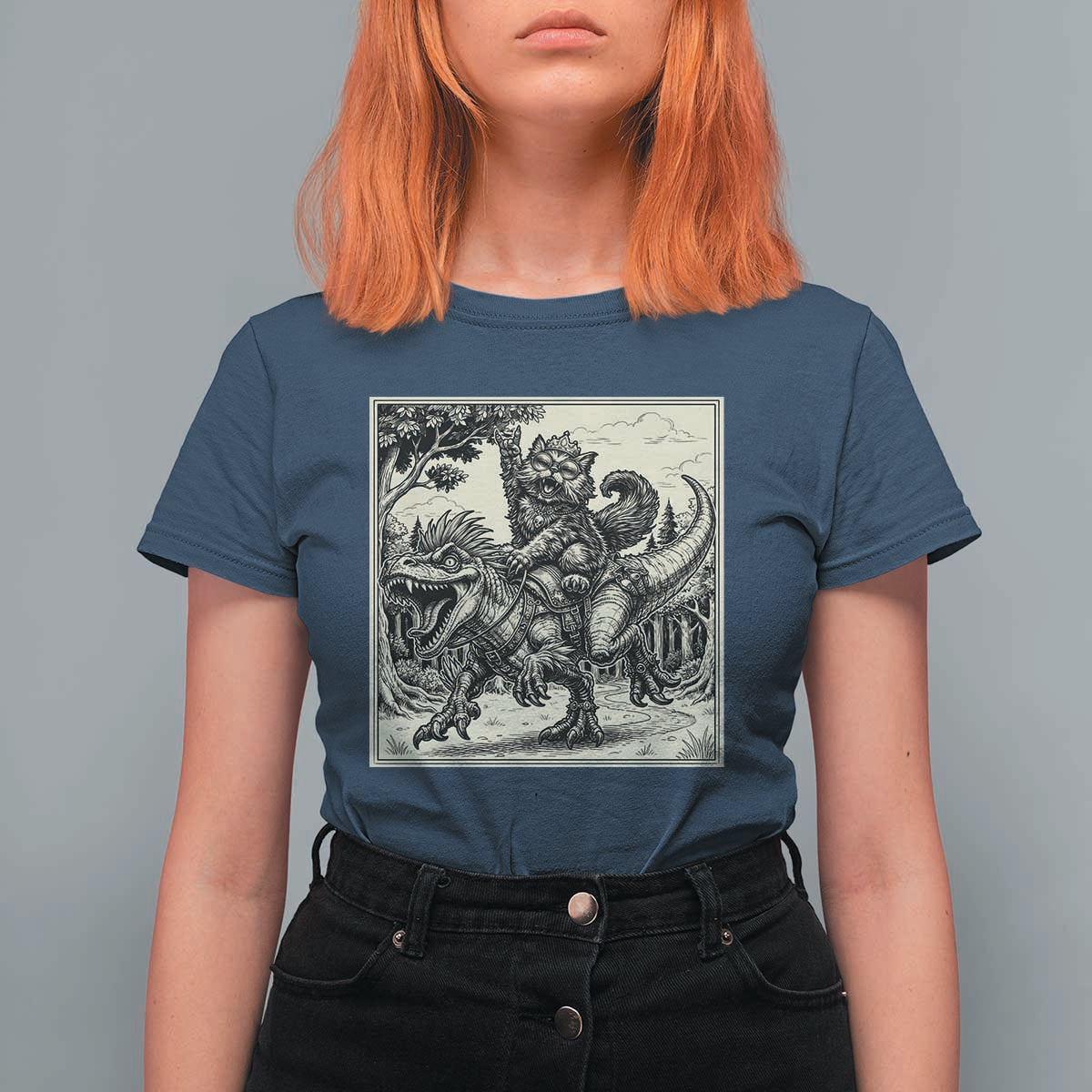 Cool Royal Cat Riding Dinosaur T Shirt For Women Rock N Roll Engraving Graphic Art