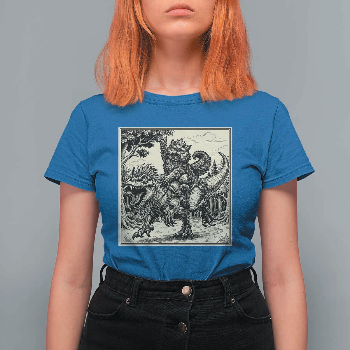 Cool Royal Cat Riding Dinosaur T Shirt For Women Rock N Roll Engraving Graphic Art