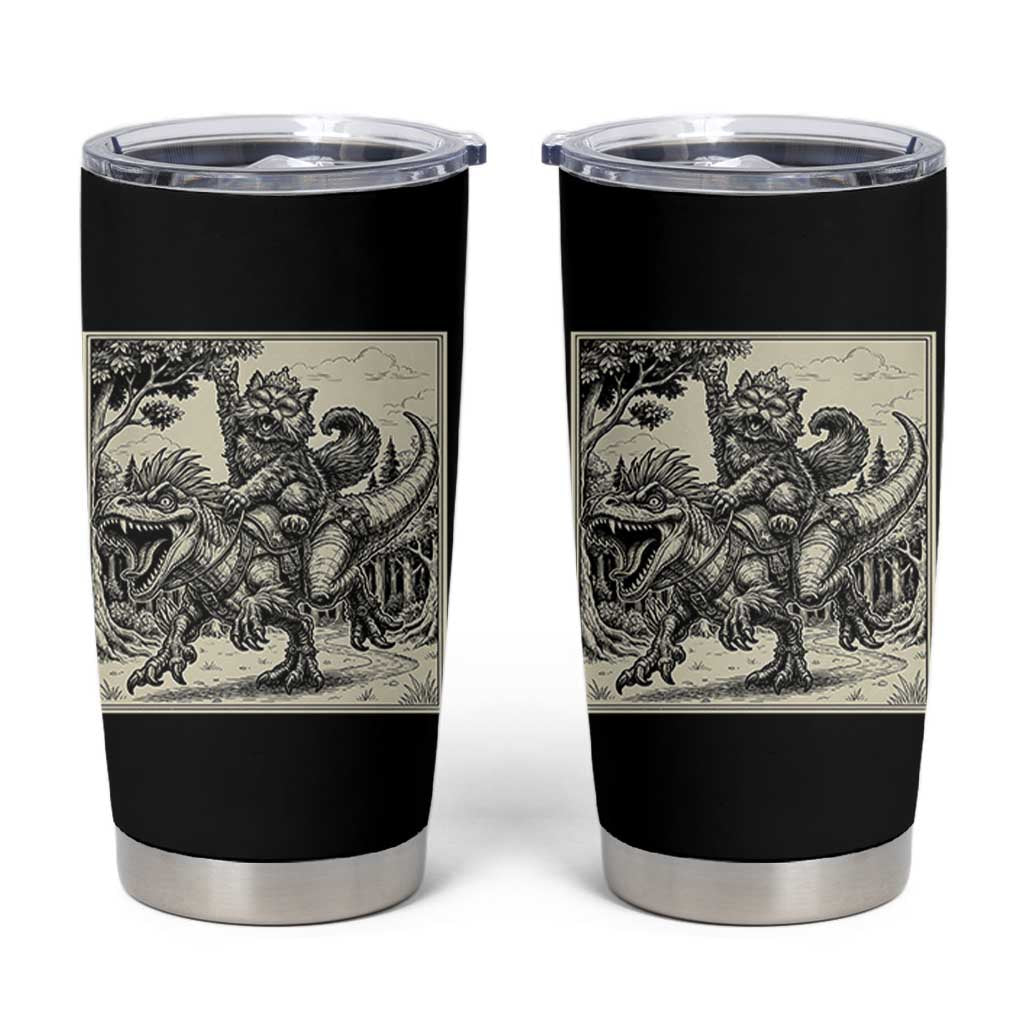 Cool Royal Cat Riding Dinosaur Tumbler Cup Rock N Roll Engraving Graphic Art