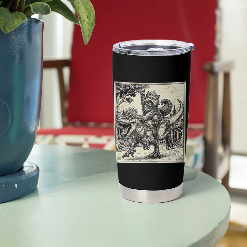 Cool Royal Cat Riding Dinosaur Tumbler Cup Rock N Roll Engraving Graphic Art