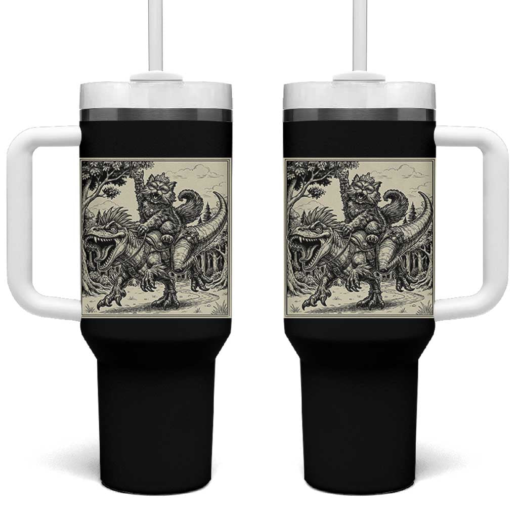 Cool Royal Cat Riding Dinosaur Tumbler With Handle Rock N Roll Engraving Graphic Art