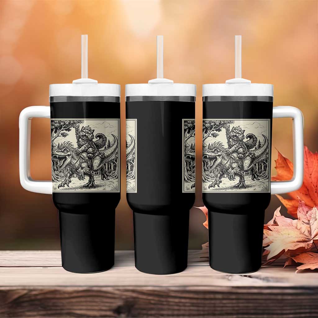 Cool Royal Cat Riding Dinosaur Tumbler With Handle Rock N Roll Engraving Graphic Art