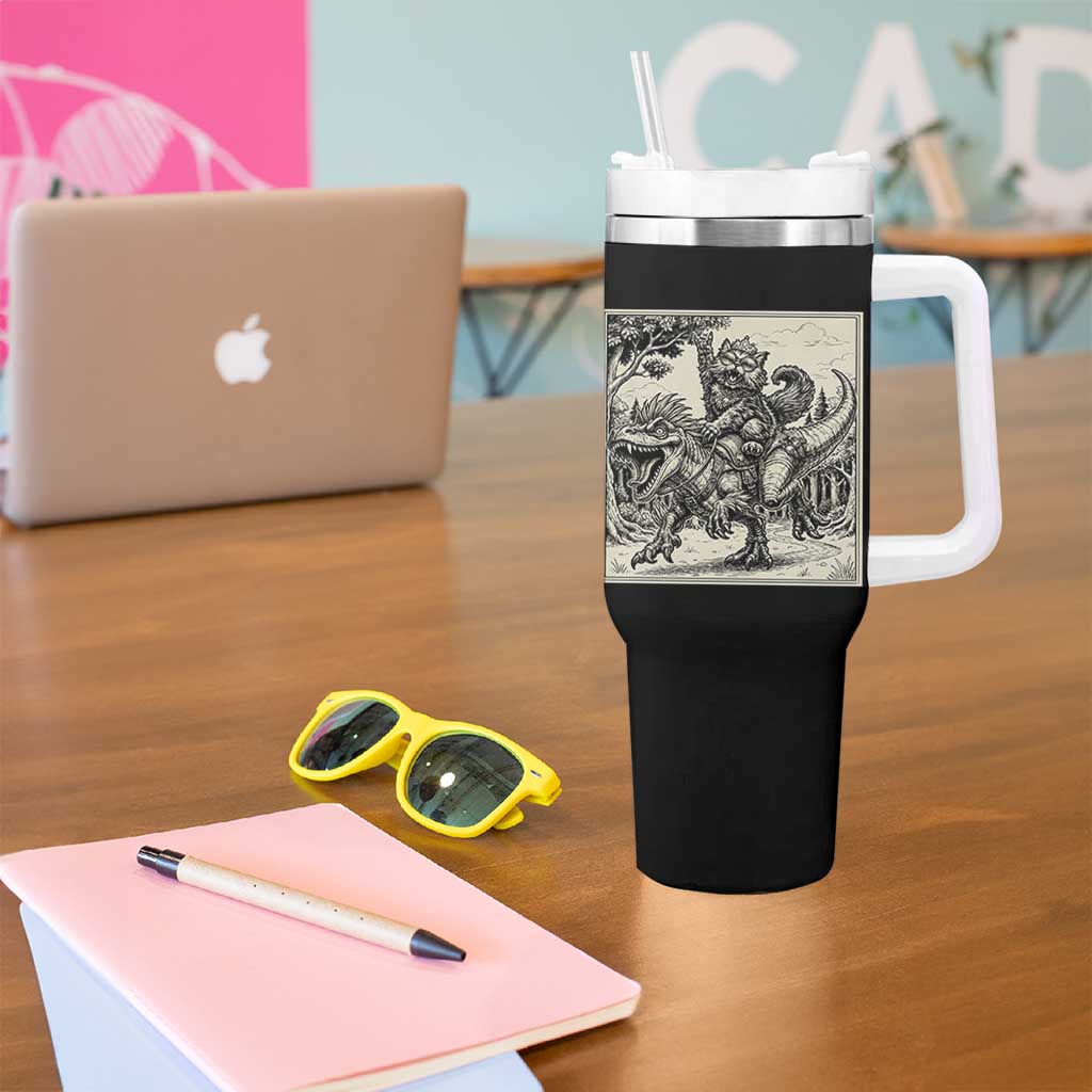 Cool Royal Cat Riding Dinosaur Tumbler With Handle Rock N Roll Engraving Graphic Art