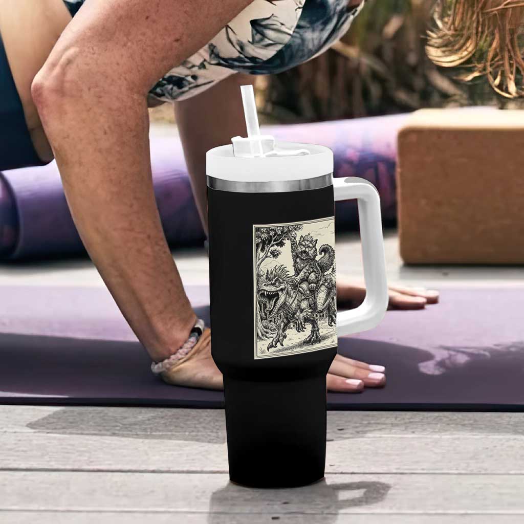 Cool Royal Cat Riding Dinosaur Tumbler With Handle Rock N Roll Engraving Graphic Art