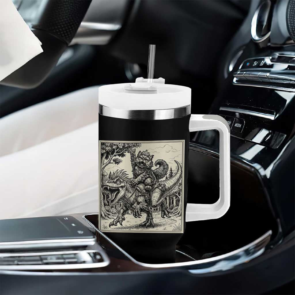 Cool Royal Cat Riding Dinosaur Tumbler With Handle Rock N Roll Engraving Graphic Art
