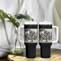 Cool Royal Cat Riding Dinosaur Tumbler With Handle Rock N Roll Engraving Graphic Art
