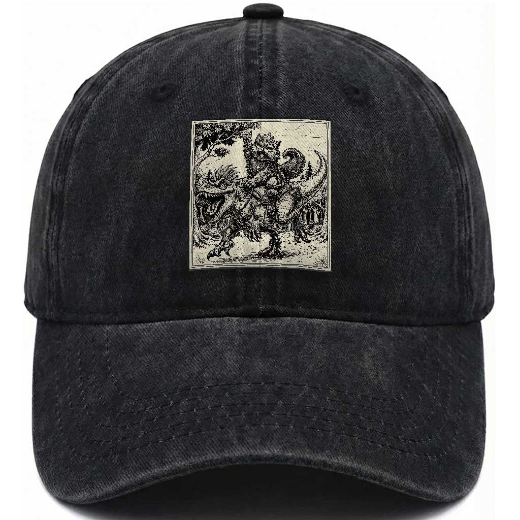 Cool Royal Cat Riding Dinosaur Washed Cotton Baseball Cap Rock N Roll Engraving Graphic Art