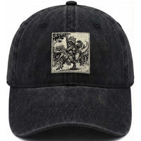 Cool Royal Cat Riding Dinosaur Washed Cotton Baseball Cap Rock N Roll Engraving Graphic Art