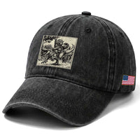 Cool Royal Cat Riding Dinosaur Washed Cotton Baseball Cap Rock N Roll Engraving Graphic Art