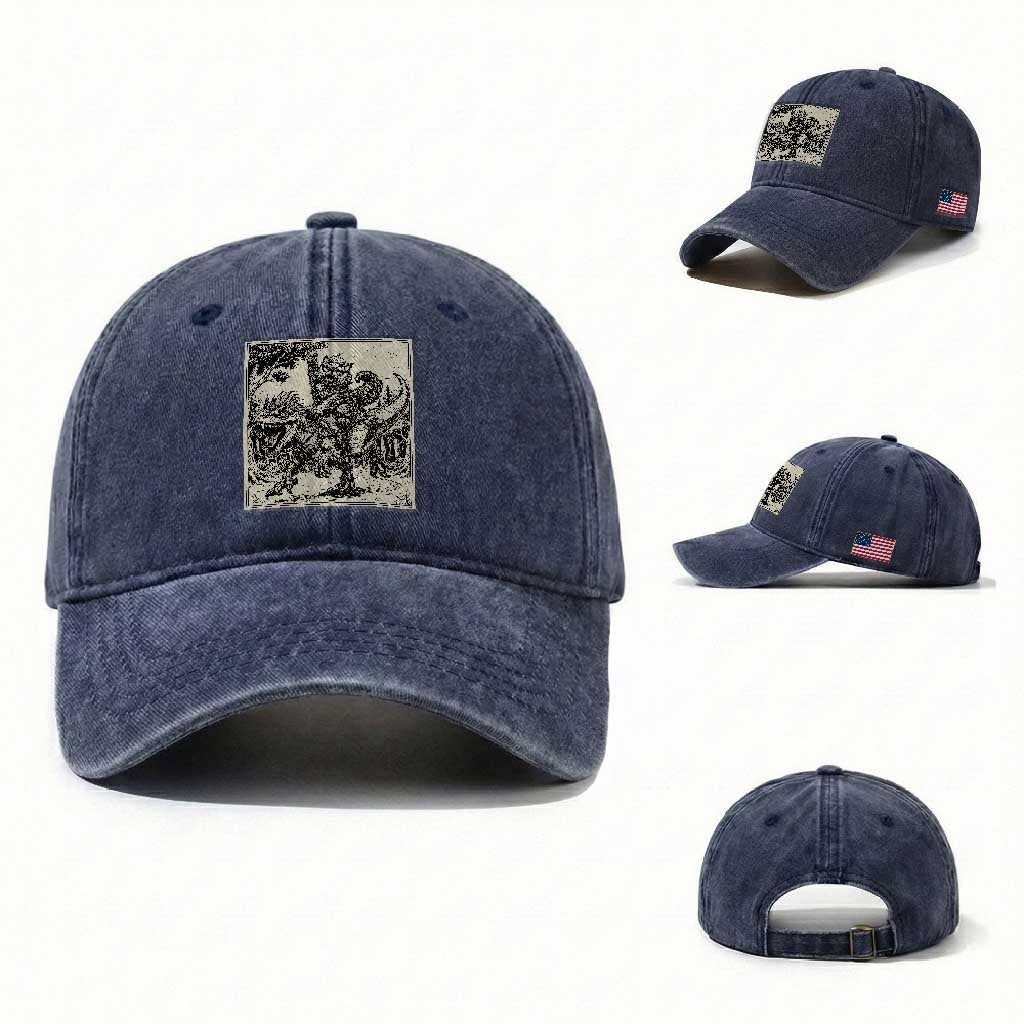 Cool Royal Cat Riding Dinosaur Washed Cotton Baseball Cap Rock N Roll Engraving Graphic Art