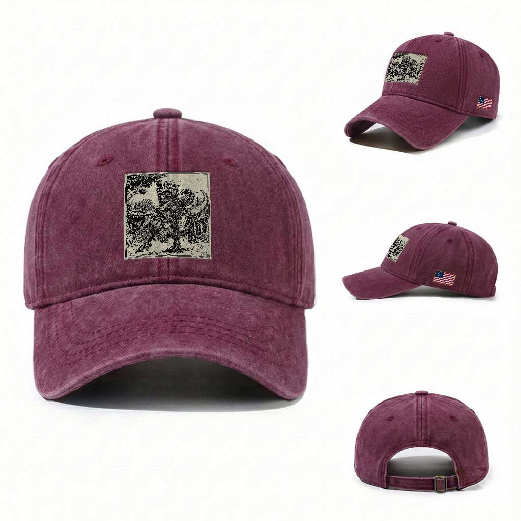 Cool Royal Cat Riding Dinosaur Washed Cotton Baseball Cap Rock N Roll Engraving Graphic Art