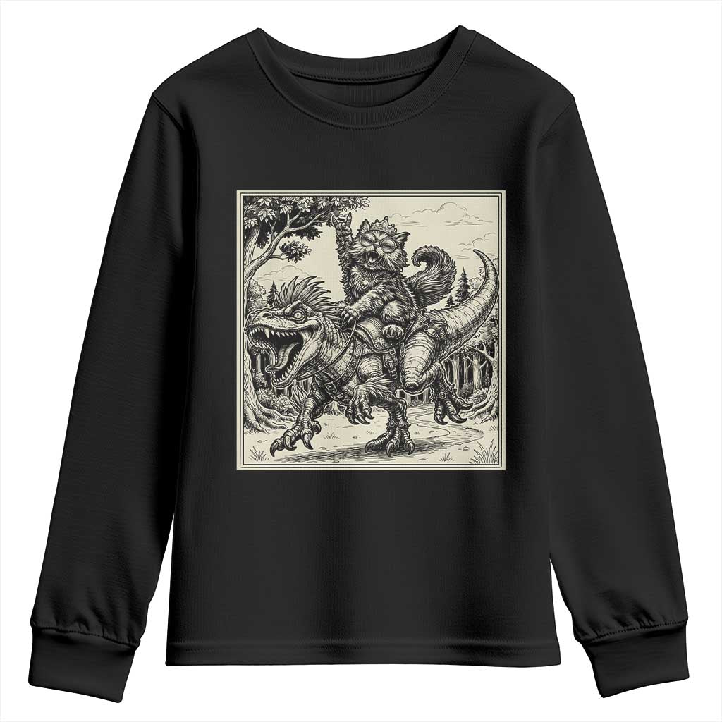Cool Royal Cat Riding Dinosaur Youth Sweatshirt Rock N Roll Engraving Graphic Art