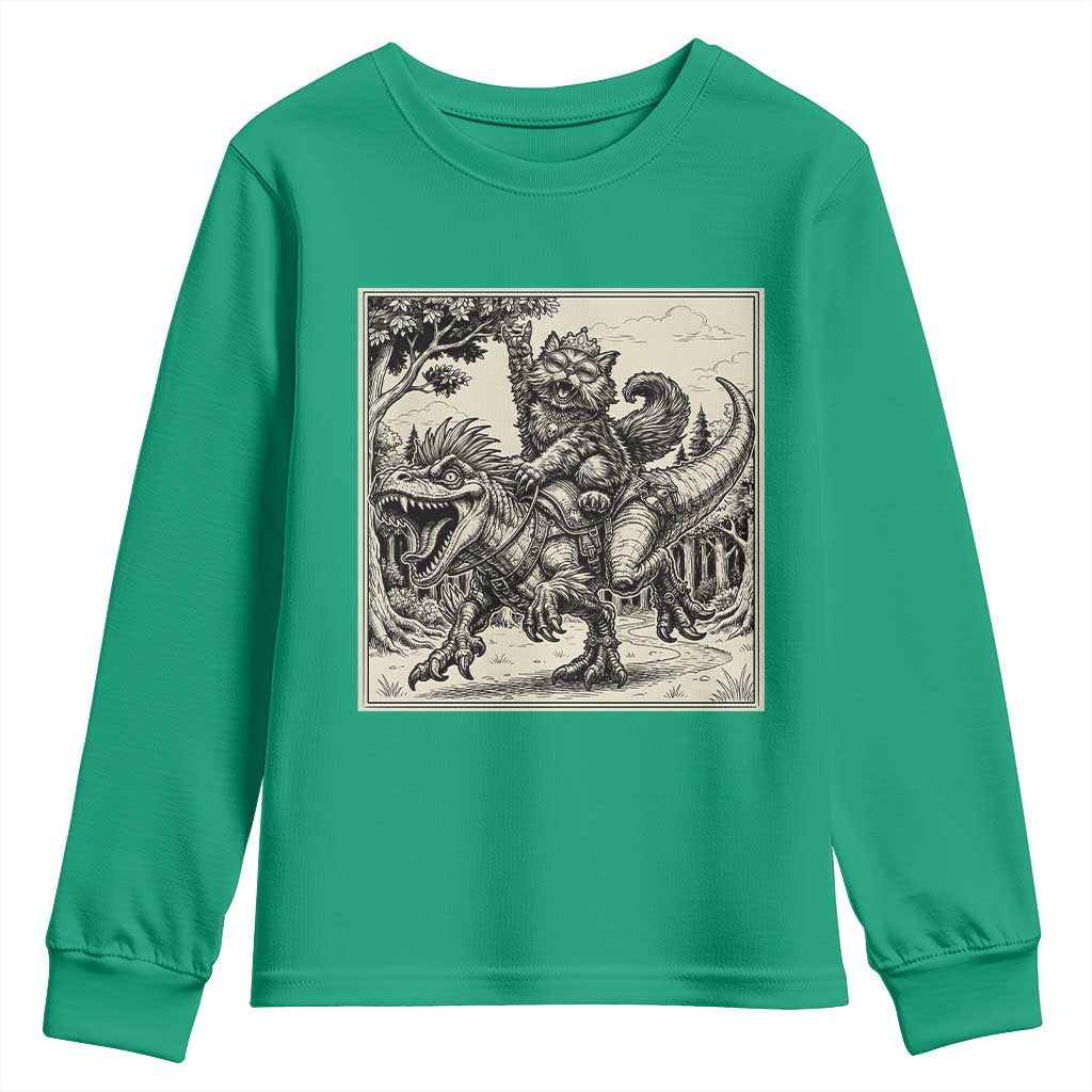 Cool Royal Cat Riding Dinosaur Youth Sweatshirt Rock N Roll Engraving Graphic Art