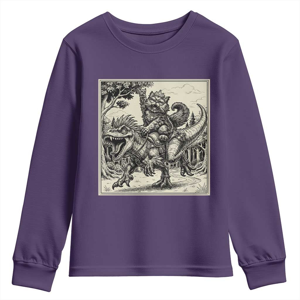 Cool Royal Cat Riding Dinosaur Youth Sweatshirt Rock N Roll Engraving Graphic Art