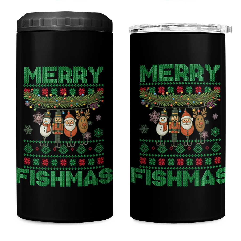 Merry Fishmas Ugly Sweater 4 in 1 Can Cooler Tumbler Funny Fishing Holiday Gift