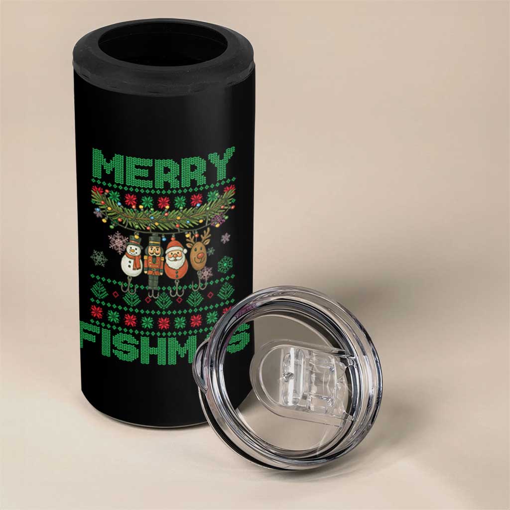Merry Fishmas Ugly Sweater 4 in 1 Can Cooler Tumbler Funny Fishing Holiday Gift
