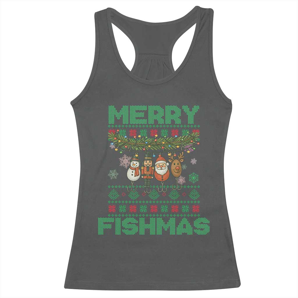 Merry Fishmas Ugly Sweater Racerback Tank Top Funny Fishing Holiday Gift - Wonder Print Shop