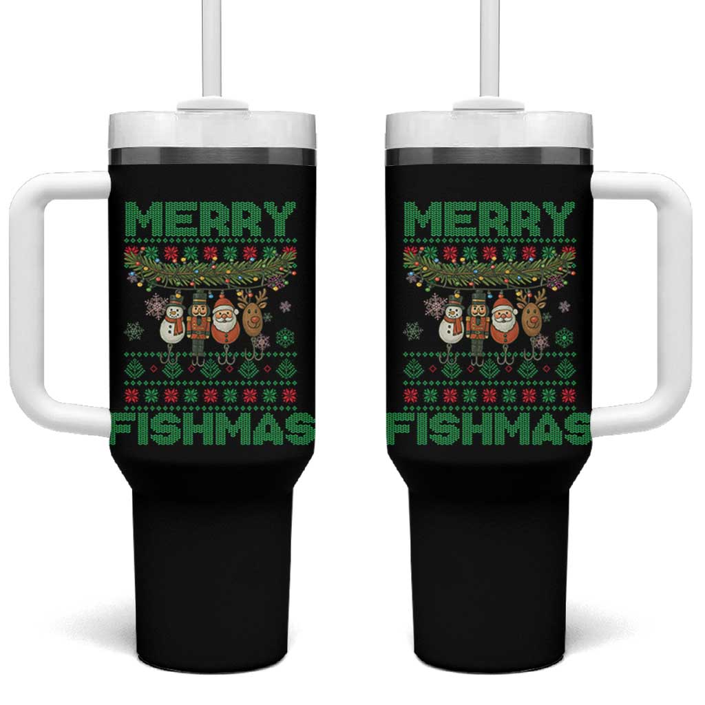 Merry Fishmas Ugly Sweater Tumbler With Handle Funny Fishing Holiday Gift