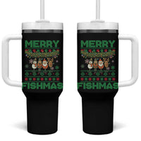 Merry Fishmas Ugly Sweater Tumbler With Handle Funny Fishing Holiday Gift