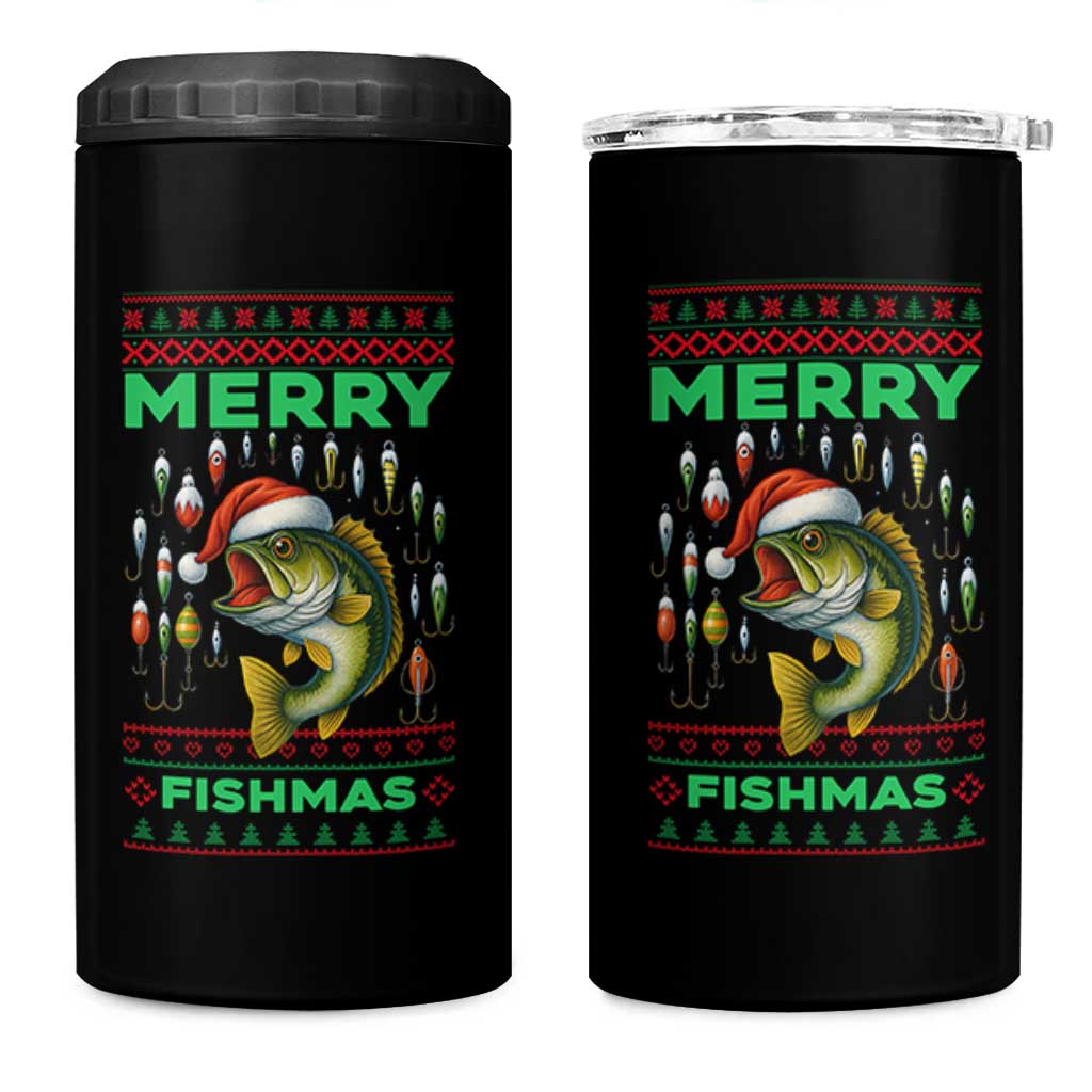 Funny Merry Fishmas Ugly Sweater 4 in 1 Can Cooler Tumbler Fisherman Christmas Gift
