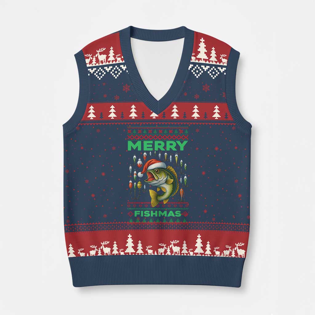 Funny Merry Fishmas Ugly Sweater V-Neck Knit Sweater Vest Fisherman Xmas Gift - Wonder Print Shop