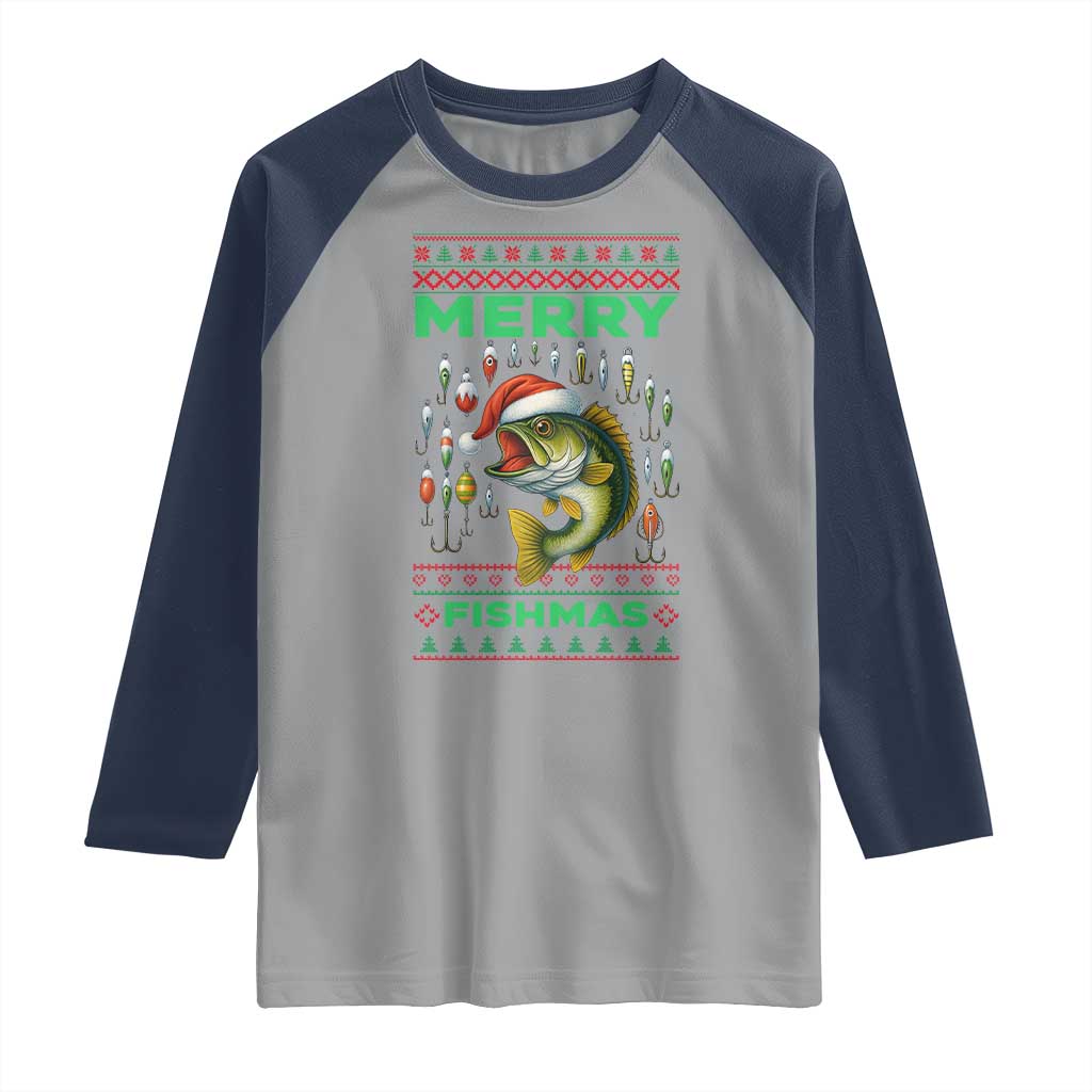 Funny Merry Fishmas Ugly Sweater Raglan Shirt Fisherman Christmas Gift - Wonder Print Shop