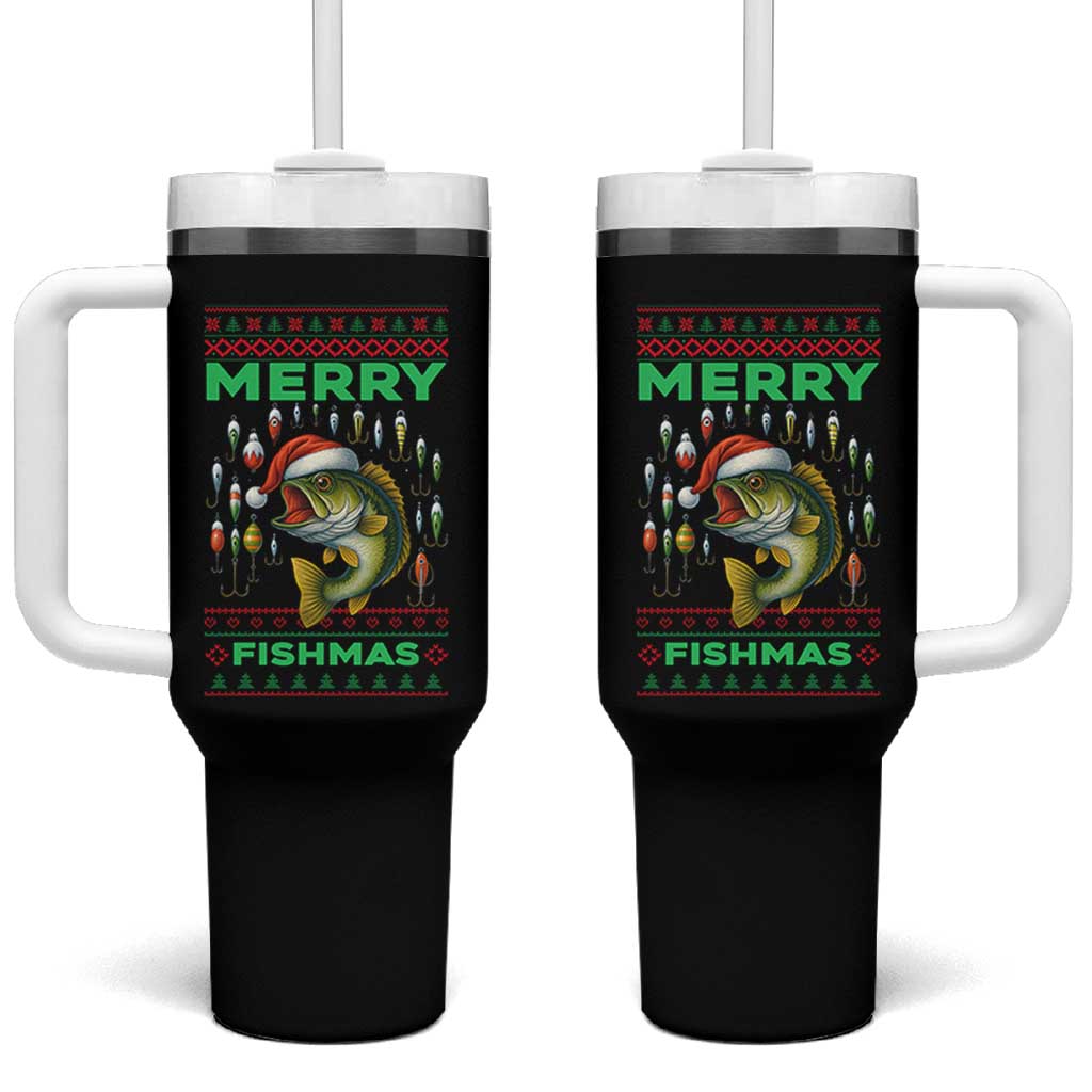 Funny Merry Fishmas Ugly Sweater Tumbler With Handle Fisherman Christmas Gift