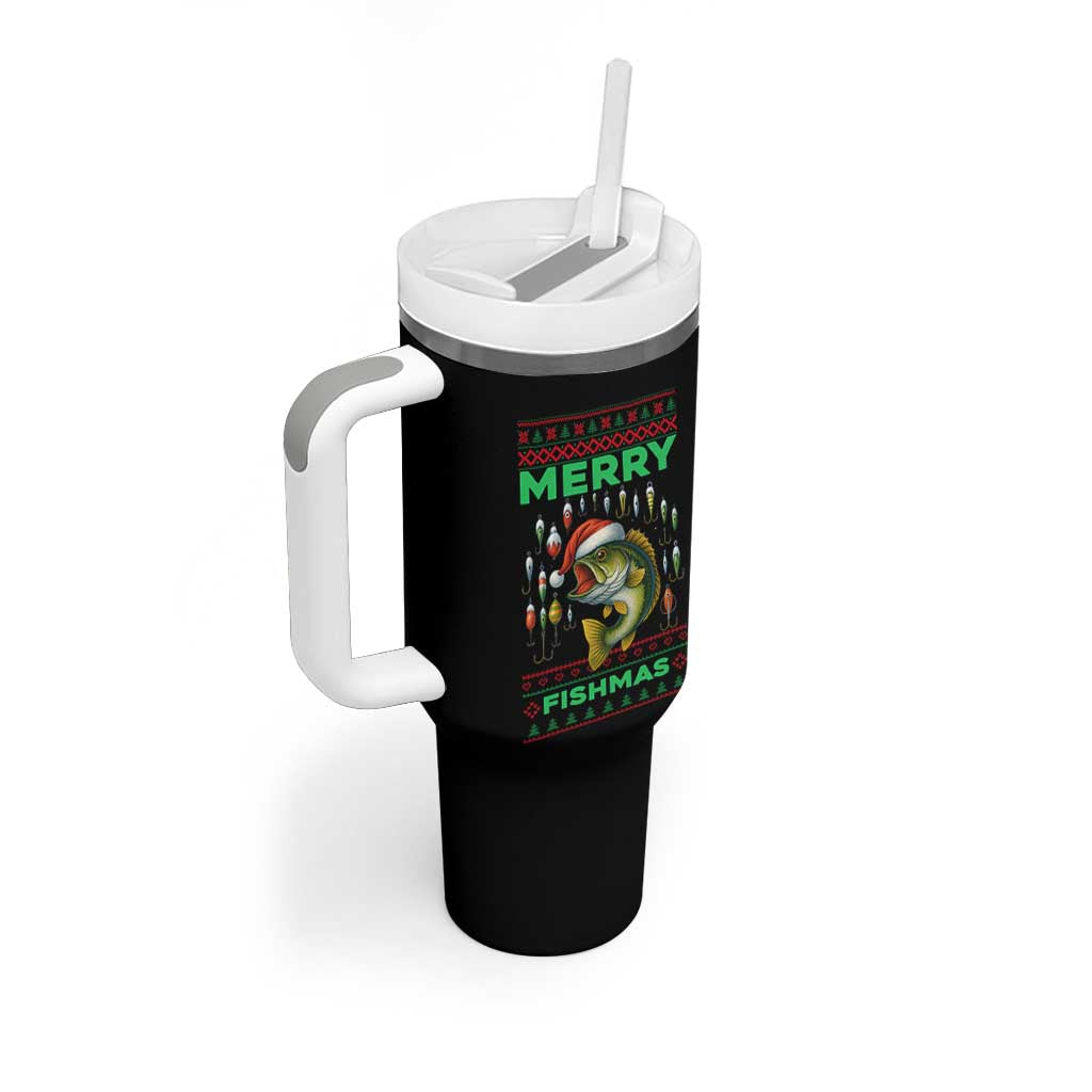 Funny Merry Fishmas Ugly Sweater Tumbler With Handle Fisherman Christmas Gift
