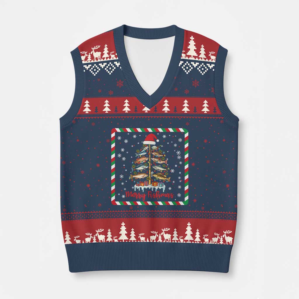 Merry Fishmas V-Neck Knit Sweater Vest Funny Xmas Fishing Lover Gift - Wonder Print Shop