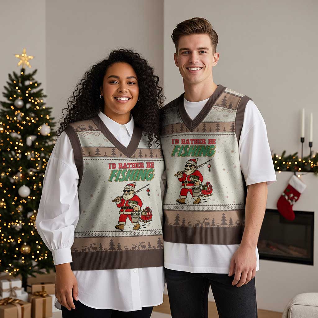 Id Rather Be Fishing V-Neck Knit Sweater Vest Funny Xmas Holiday Gift - Wonder Print Shop